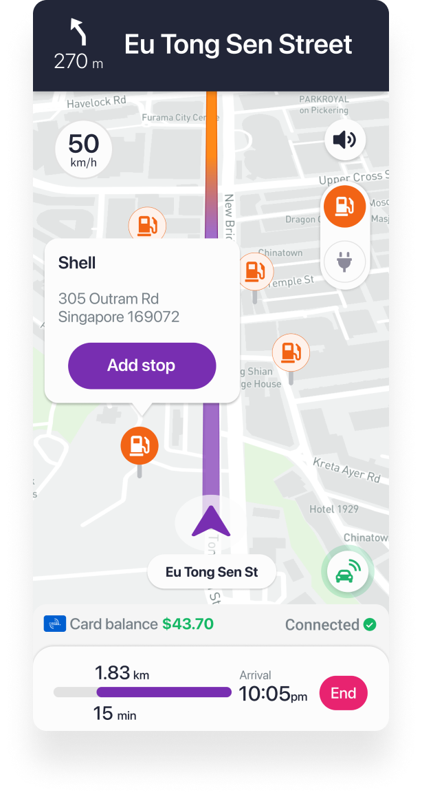 Explore nearby amenities such as petrol kiosks, ev charging stations, etc.
